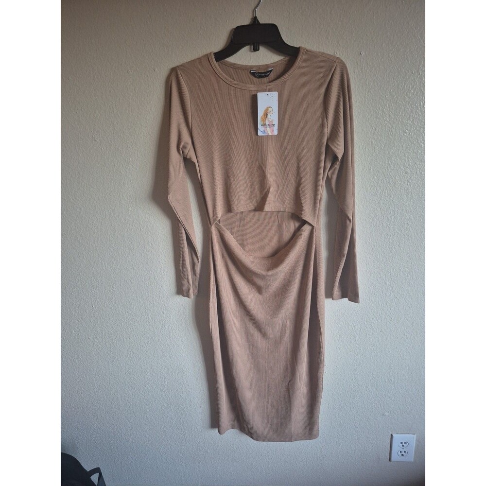 NWT PRETTYGARDEN Women’s Ribbed Knit Cut Out Midi Dress Long Sleeve Beige L